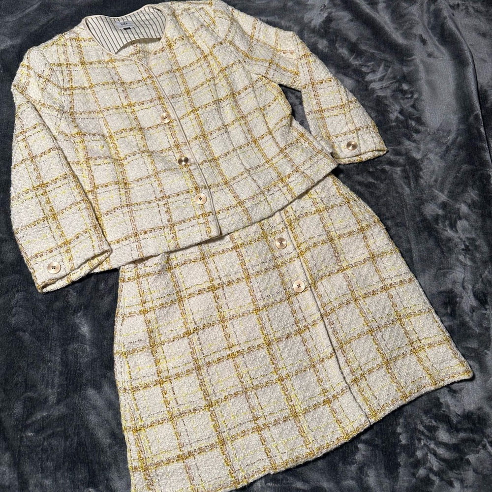 CAbi Cream and Gold Tweed Blazer and Skirt Set
